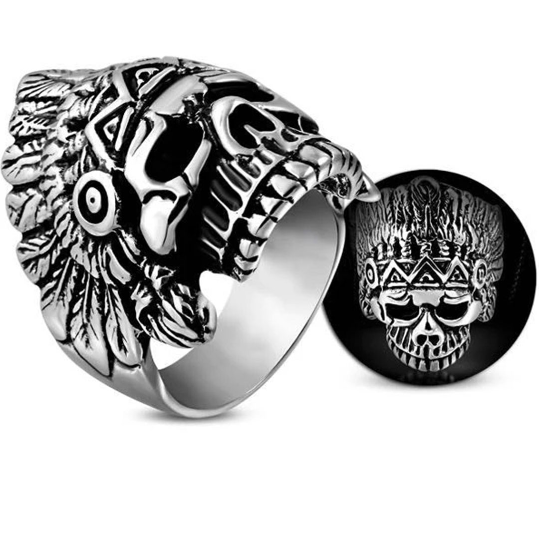 Gothic Native American Chief Skull Stainless Steel Ring | Heavy Metal Biker Band | Secure Checkout | Tracked Shipping | 7-Day Easy Returns