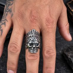 Gothic Native American Chief Skull Stainless Steel Ring | Heavy Metal Biker Band | Secure Checkout | Tracked Shipping | 7-Day Easy Returns